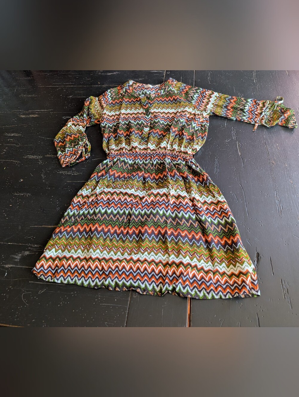 Just Funky Chevron Print Boho Smock Waist Tunic or Dress Tribal Knit Size Small